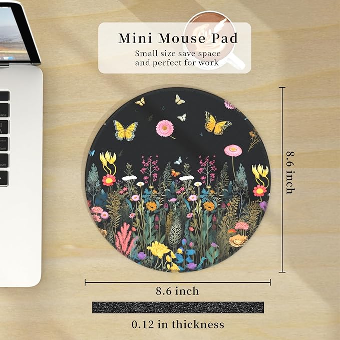 Butterfly Floral Mouse Pad for Desk, Flowers Plants Small Cute Mousepad with Non-Slip Base, Round Mouse Pads for Wireless Mouse Laptop, Computer Mouse Mat for Home Office Desk Accessories