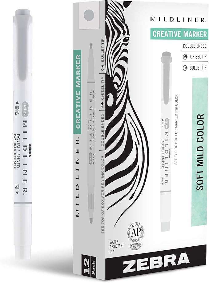 Zebra Pen Mildliner Dual-Tip Highlighters, Broad and Fine Tips, Ideal for Bible Highlighting, No Bleed, School Supplies, Teacher Supplies, and Office Supplies, Mild Gray Ink, 12-Pack (78110upc)