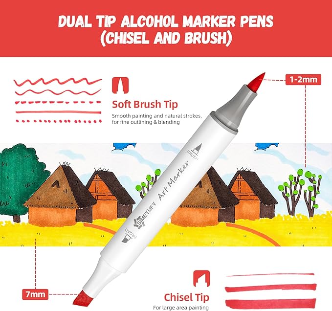 Simetufy 48 Colors Alcohol Markers Brush and Chisel Dual Tip, Coloring Art Markers Set for Adult Coloring Books, Drawing, Alcohol Based Bright Colors