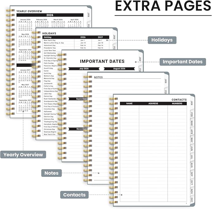2026 Planner, Weekly and Monthly Calendar Planner, January 2026 - December 2026, Hardcover 2026 Calendar Book with Tabs For Women & Men, Inner Pocket, Spiral Bound, Perfect for Office Home School Supplies - A4 (8.5" x 11"), Stone Gray