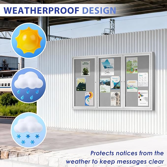SWANCROWN Outdoor Bulletin Board 70x43in, Enclosed Bulletin Board with Locking Door for Office School Commerce, Grey Felt, Sliver Aluminum Frame