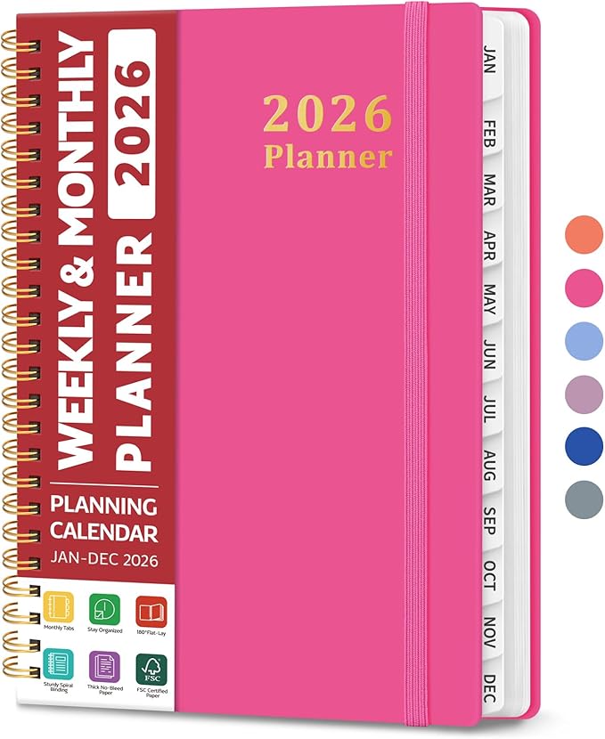 2026 Planner, Weekly and Monthly Calendar Planner, January 2026 - December 2026, Hardcover 2026 Calendar Book with Tabs For Women & Men, Inner Pocket, Spiral Bound, Perfect for Office Home School Supplies - A5 (6.3" x 8.5"), Berry Pink