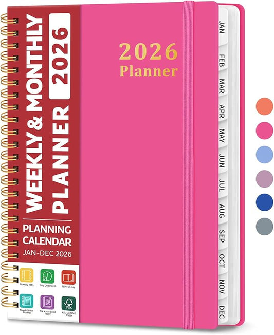 2026 Planner, Weekly and Monthly Calendar Planner, January 2026 - December 2026, Hardcover 2026 Calendar Book with Tabs For Women & Men, Inner Pocket, Spiral Bound, Perfect for Office Home School Supplies - A5 (6.3" x 8.5"), Berry Pink