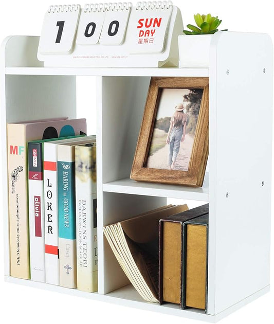 PAG Desktop Shelf Freestanding Wood Small Bookshelf Desk Supplies Organizers and Accessories Storage Display Rack Office Decor for Women, White