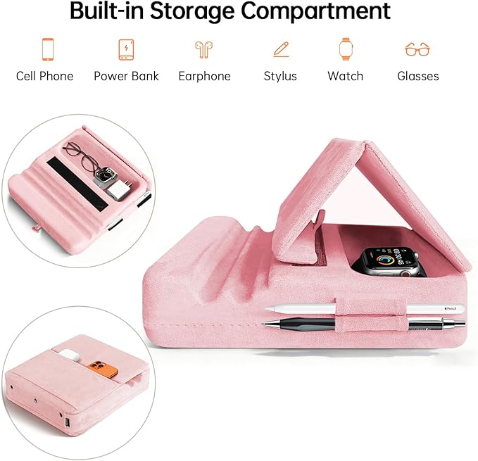 Tablet Pillow Stand with Storage, Foldable iPad Holder for Lep, Bed, Sofa, and Desk - Soft Pad Dock with Pocket and Stylus Mount Compatible with 4-13" iPad Pro/Air/Mini, Galaxy Tab, Kindle