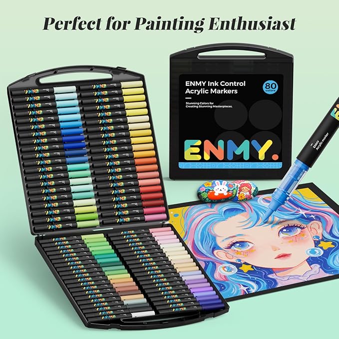 ENMY 80 Colors Acrylic Paint Markers, Direct Liquid Acrylic Paint Marker Pen, Fabric Markers for Textile, Canvas, Rock, Glass, Wood, Paper, DIY, Acrylic Coloring Pens for DIY Craft Supplies