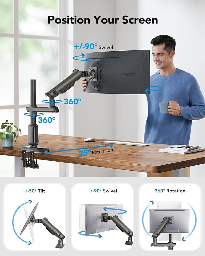 HUANUO Heavy Duty Monitor Arm for Ultrawide Screens up to 57", Holds 40 lbs, Aluminum Ultrawide Single Monitor Stand with 29.1" Max Height, Fully Adjustable Desk Mount, Max VESA 100x100mm