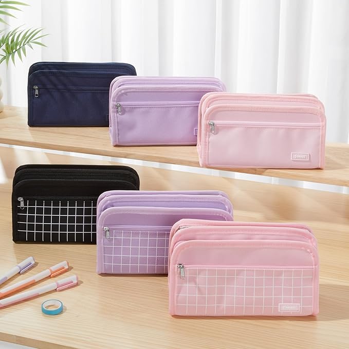 Sooez Large Pencil Case, Big Capacity Pencil Pouch Pen Bag with 3 Compartment, Portable Canvas Stationery Organizer with Zipper, Cute Aesthetic School Supplies for Teen Girls Boy, Pure Black