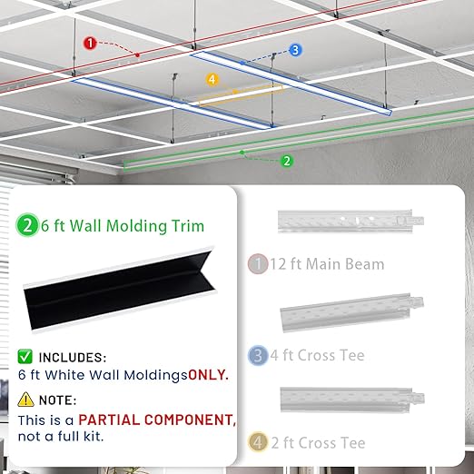 50 PCS 72 Inch Wall Molding Trim Drop Ceiling Grid System 6Ft Galvanized Steel Rust & Fire Resistance Easy Installation Ideal for Basement Living Room Kitchen Bathroom White