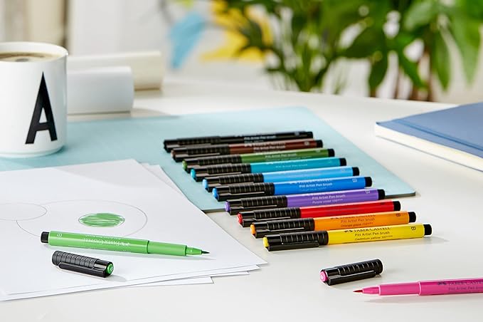 Faber-Castell Art & Graphic Pitt Artist Pen Brush India Ink Pen, Basic Tones, Set Of 12, For Art, Craft, Drawing, Sketching, Home, School, University, Colouring