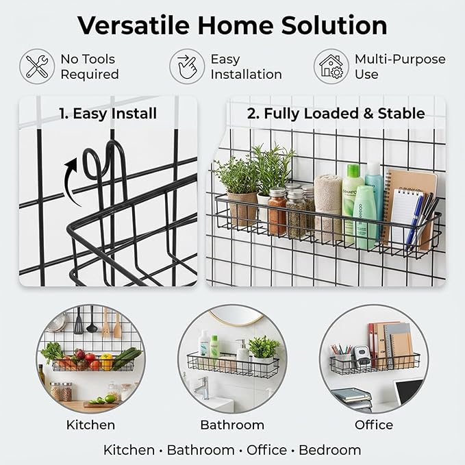 4 PCS Grid Wall Baskets, 15.75×3.94×1.97 Inch Hanging Wire Basket for Grid Wall Panels Wire Basket for Wall-Mounted Storage in Kitchens, Bathrooms and Bedrooms-Black