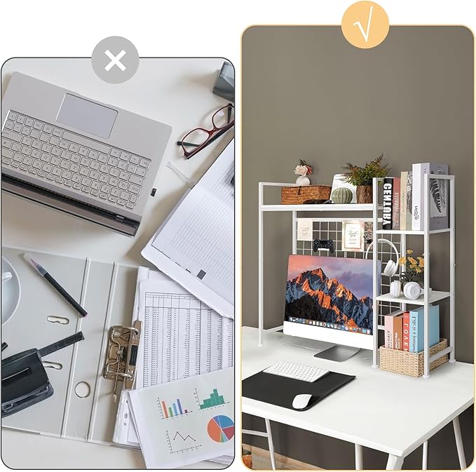 YBING Desk Shelf, 37.4" Desktop Organizer Shelf, Desk Hutch for Computer Monitor, Display Bookcase Rack with Grid Panel, Wood Desktop Bookshelf for Home Office Dorm, White