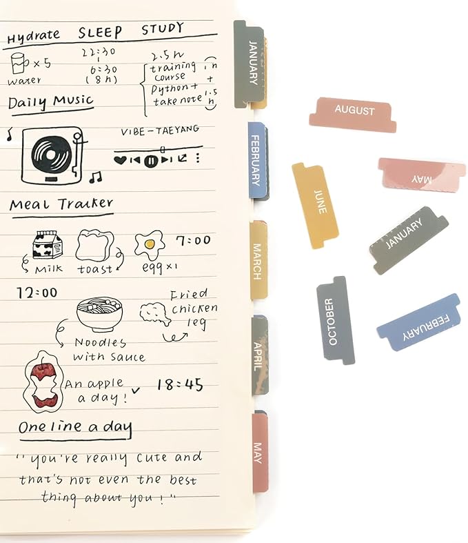 Lumintutu Laminated Planner Monthly Stickers,40 Adhesive Plan Tabs Accessories for Notebooks (2 Sets 12 Month Tabs and 16 Blank Tabs), Hobonichi 2026 Happy Calendar Inserts Set (Morandi)