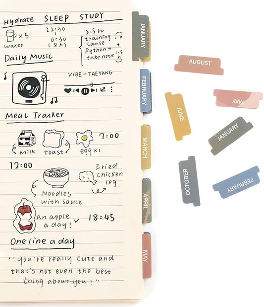 Lumintutu Laminated Planner Monthly Stickers,40 Adhesive Plan Tabs Accessories for Notebooks (2 Sets 12 Month Tabs and 16 Blank Tabs), Hobonichi 2026 Happy Calendar Inserts Set (Morandi)