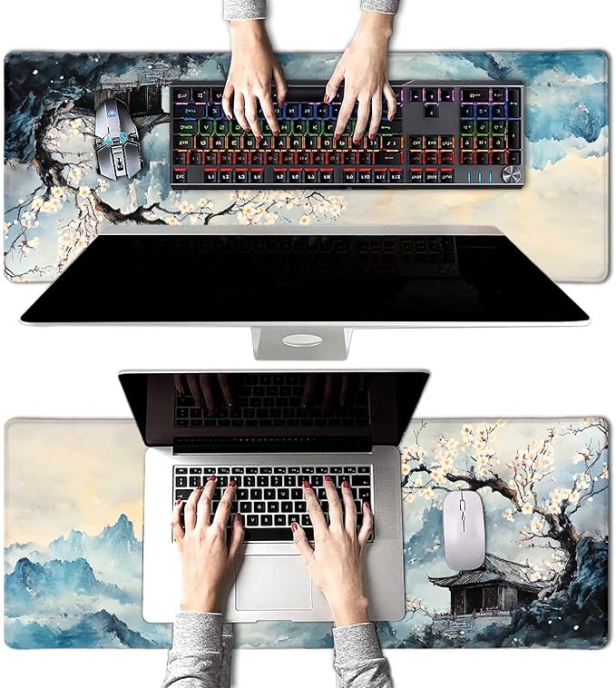 Large Cherry Blossom Japanese Mouse Pad, Desk Mat Computer Keyboard Pad Non-Slip Rubber Base Waterproof with Stitched Edges for Laptop Gaming, Office & Home 31.5 x 11.8 Inch