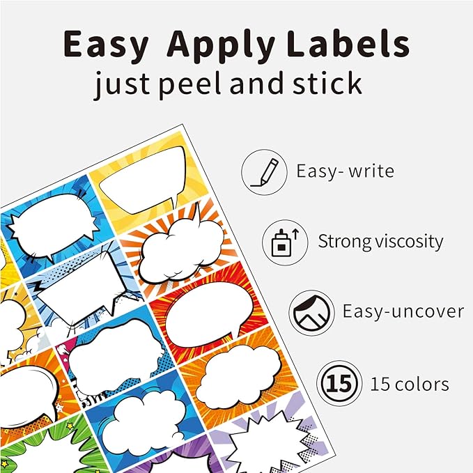 300 Pcs Superhero Name Tags Stickers, Colorful Comic Large Nametags Badge Labels Sticker for Kid's Themed Party, 3" x 2"