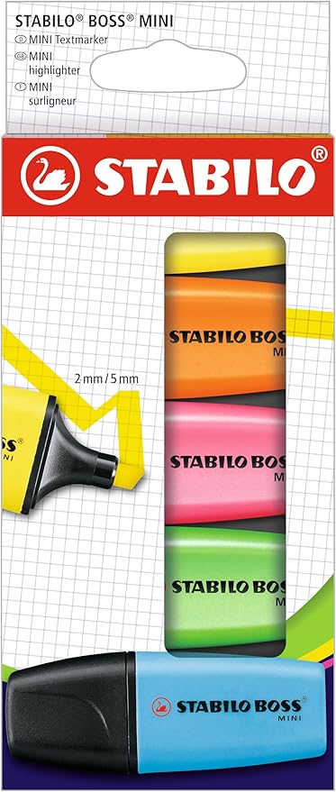 STABILO BOSS Mini Highlighter Set, 5-Color, Yellow, Orange, Pink, Green, and Blue