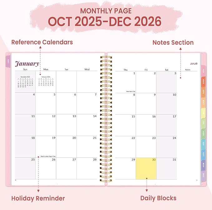 2026 Planner, Annecy Weekly ＆ Monthly Planner 2026, Jan. 2026 – Dec. 2026, 8.5" x 11" Monthly Agenda Planner with Tabs, Waterproof Flexible Cover, Spiral Binding, Double-sided Pocket, Bookmark, Pink