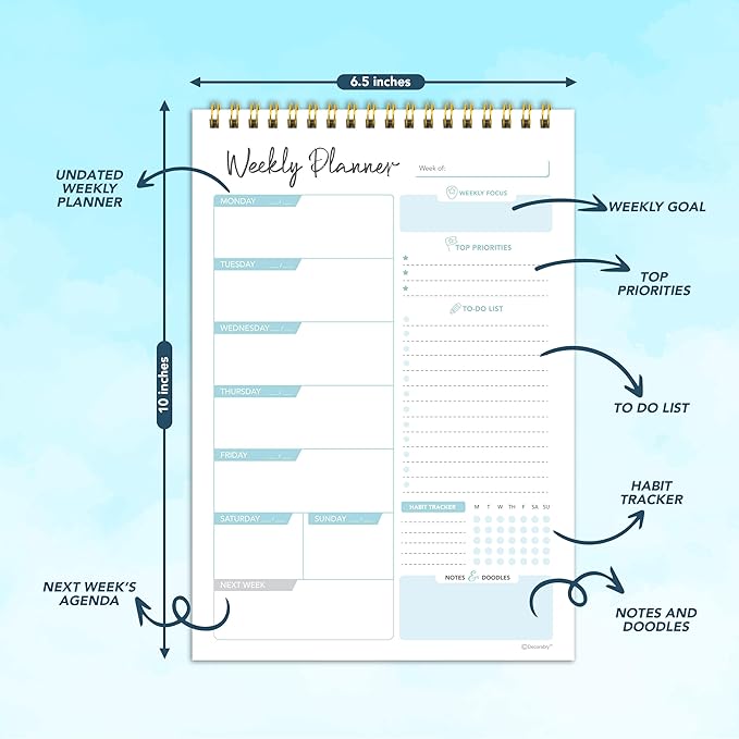 Decorably 52 Sheets Blue Undated Weekly Planner Notepad Small - 6.5x10in Spring-Bound, Easy Tear-Off Design, with Focus, Priorities, to-do List, Habit Tracker, Notes and Doodles - Home, School, Office