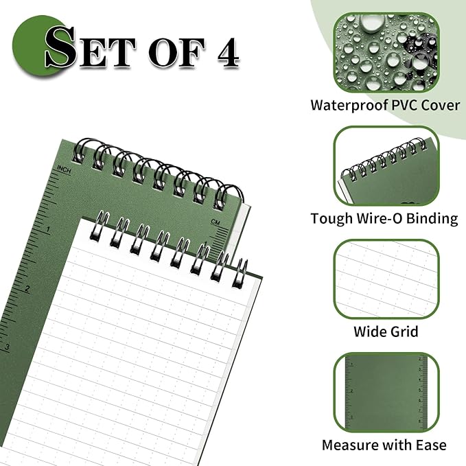 Waterproof Notebook, 4 Pack Top-Spiral Pocket Notepad, 3" x 5" Weatherproof NotePad, Police Pocket Notebook Memo Steno Note Pads for Outdoor Office School Recording, Army Green