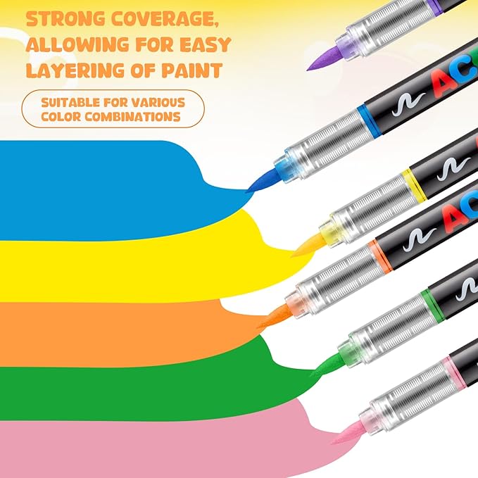 Prudiut 12 Color Acrylic Paint Markers, Soft Brush Tip Acrylic Paint Pens Markers, Art Pens for Wood, Canvas, Glass & Rock Painting, Water Resistant Ink DIY Crafts Supplies, Christmas Crafts