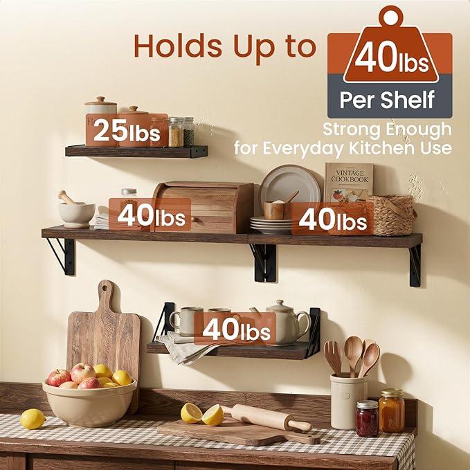 BAYKA Wall Shelves for Bedroom Decor, Floating Shelves for Wall Living Room Kitchen Storage, Mounted Rustic Wood Floating Shelves for Kids Books, Corner Shelf for Bathroom(Rustic Brown，Set of 4)