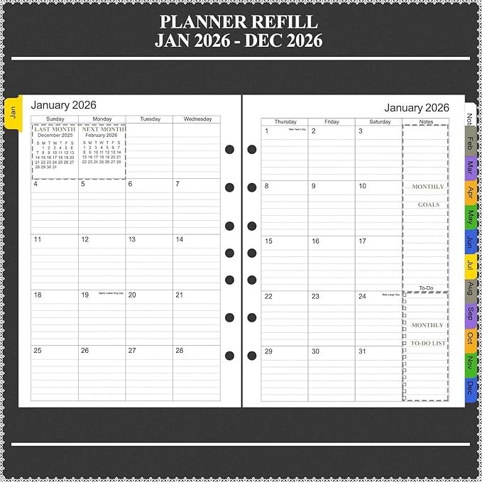 Tiankool 2026 Planner Refill for A5 7-Ring Binder,Weekly & Monthly Planner Inserts Runs from Jan 2026 to Dec 2026, 5-3/4" x 8-1/4"