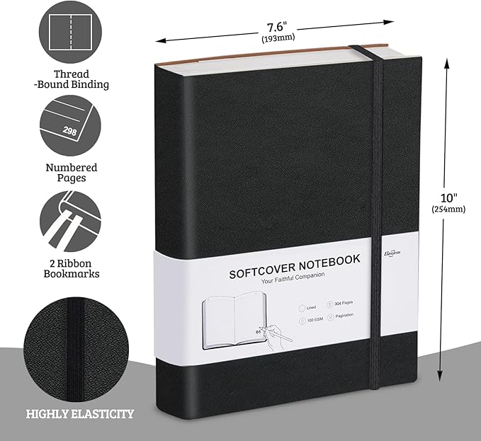 Gosirm Journal Notebook For Writing, Hardcover Leather Thick College Ruled Notebook Journal with 100GSM Paper, 304 Numbered Lined Journals, 7.6'' X 10'' Daily Journal for Women Men Work, Black