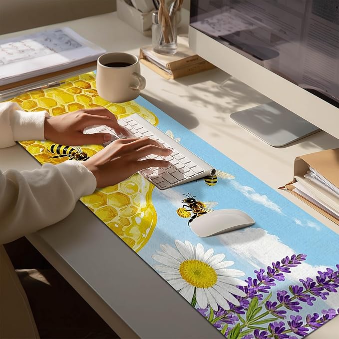 Bees XL Mouse Pad 31.5 x 11.8 Inch Gaming Mousepad Diatomite Large Keyboard Mouse Pad for Home and Office Desk Accessories with Bright Honeycomb Scene Bees Artwork Smooth Control Surface
