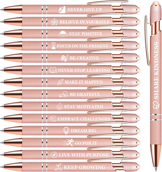 15 Pack Motivational Pen Set - Inspirational Quotes Retractable Ballpoint Pens for Office School Supplies, Encouragement Gifts for Women Men, RoseGold