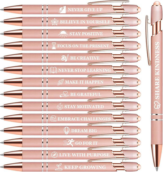 15 Pack Motivational Pen Set - Inspirational Quotes Retractable Ballpoint Pens for Office School Supplies, Encouragement Gifts for Women Men, RoseGold