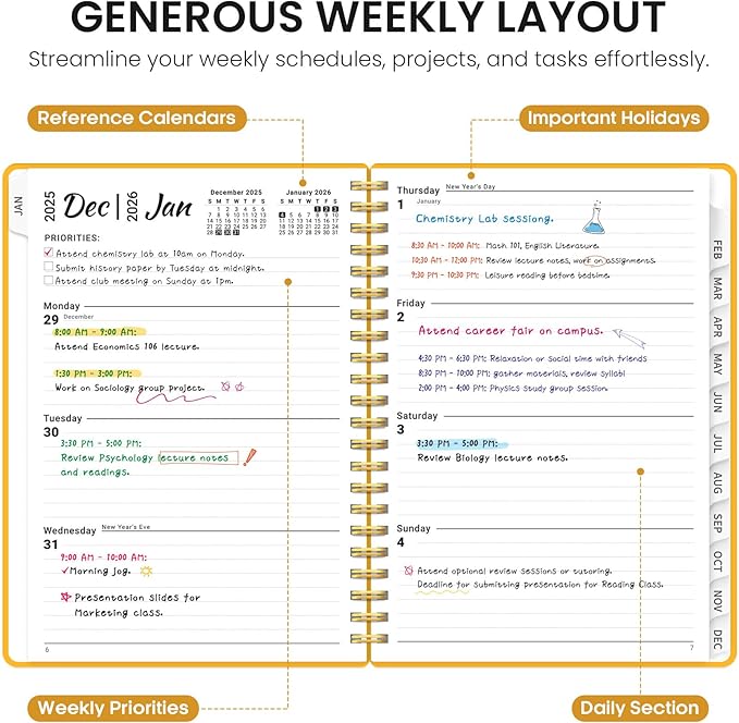 2026 Planner, Weekly and Monthly Calender Planner, Jan 2026 to Dec 2026, Hardcover 2026 Calendar Book with Tabs & Inner Pocket, Office Home School Supplies for Women & Men - A5 (6.3" x 8.5"), Yellow