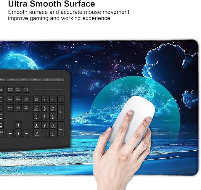Blue Full Moon Sea Beach Large Mouse Pad, Desk Mat Computer Keyboard Pad Non-Slip Rubber Base Waterproof with Stitched Edges for Laptop Gaming, Office & Home 31.5 x 11.8 Inch