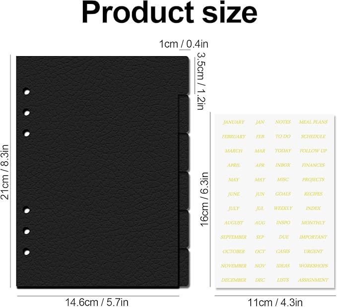 Koqye Leather Textured A5 6-Ring Binder Dividers with 6 Tabs, Black Paper Index Page Separators with Gold Stickers for Planner/Organizer (2 Set - 6 Tab with 1 Stickers)