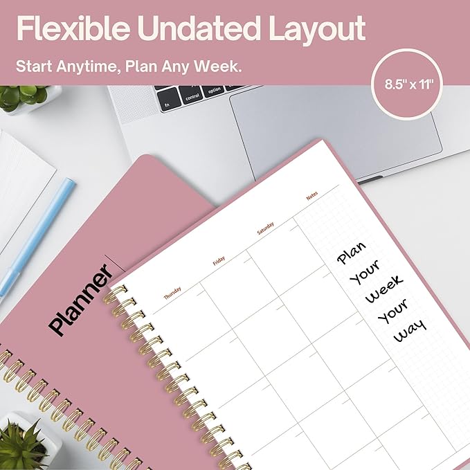 Undated Weekly Planner, 8.5x11” – Dashboard Layout with Yearly Review, Monthly Calendars, & Weekly To Do List, Spiral Bound Organizer for Work, Study & Life (Pink)