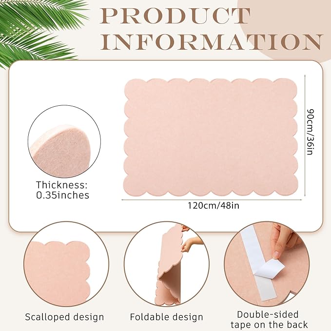 Scalloped Felt Bulletin Board 48 x 36 Inches Foldable Flesh Pink Pin Cork Board Alternative for Wall, 4' x 3' Trifold Picture Vision Self Adhesive Bulletin Decorative