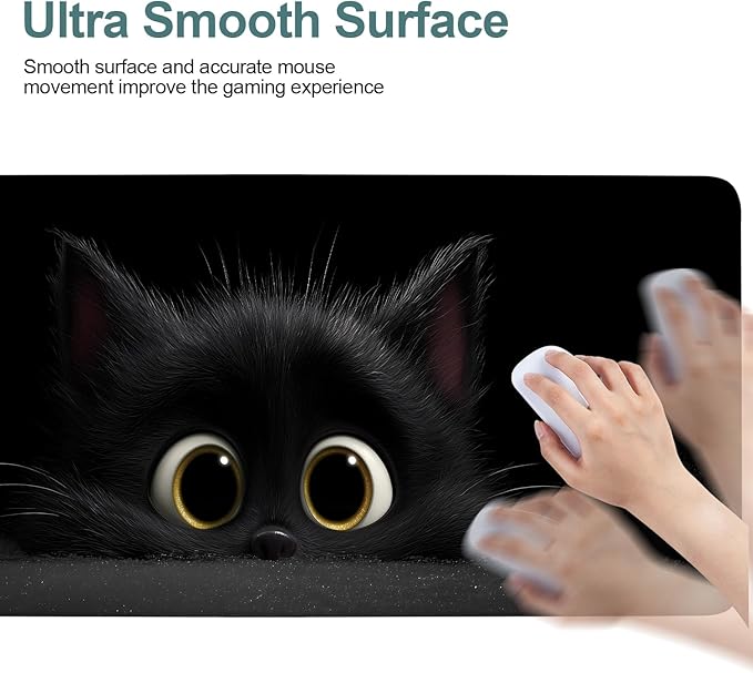 Cat-Inspired Extended Mouse Pad XL 31.5"x11.8" – Large Black Cat Desk Mat – Non-Slip Rubber Base, Stitched Edges