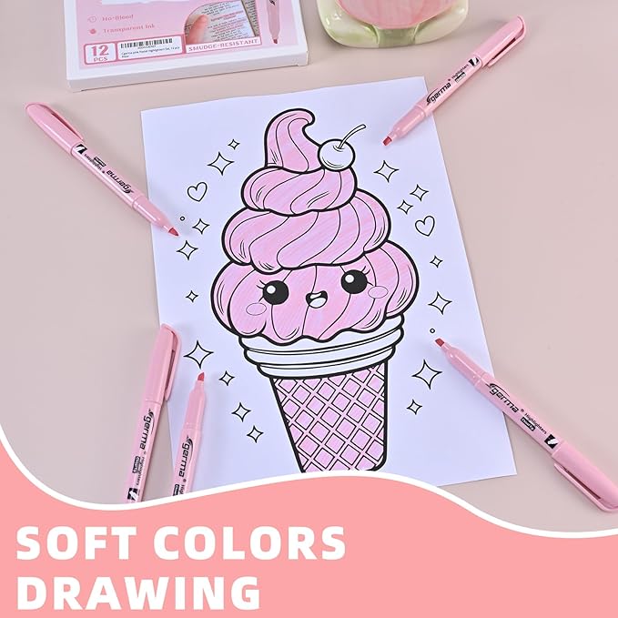 Pink Highlighter 12 Pack, Mild Pastel Color, Chisel Tip Bible Highlighters No Bleed, Quick-Drying, Cute Aesthetic Markers for Journaling, Bible Study, School Office Supplies