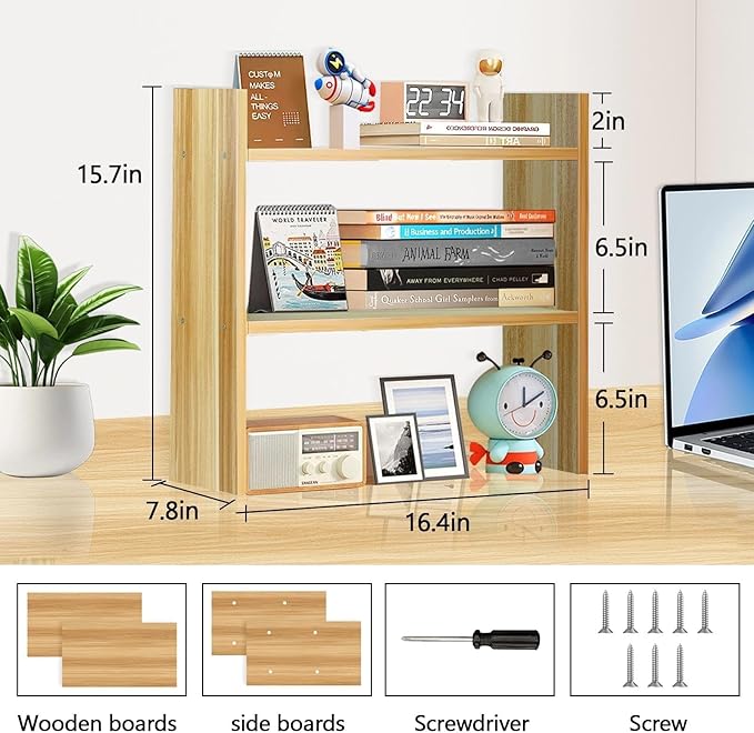 Wood Desk Organizer - Small Desk Shelf, 2 Tier Desktop Bookshelf for Workspace Organizers Dorm, White Desktop Shelf Organizer