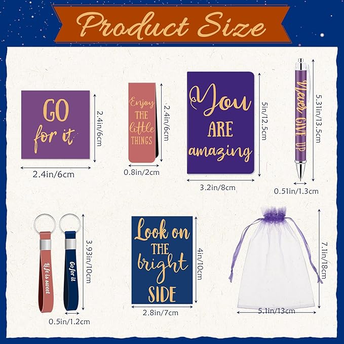 Pasimy 218 Pcs Inspirational Stationery Gifts Motivational Mini Notepad Pen Quote Bookmarks Stress Relief Stickers Inspiring Silicone Keychains for Home Office Appreciation Gift(Bright)