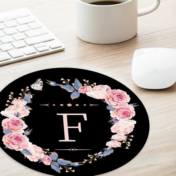 Letter F Black and Pink Flowers Round Mouse Pad,Funny Small Mouse Pad with Non-Slip Rubber Base,Mouse Mat,Home Office Decor Desk Accessories,8.7inch Round Mouse Pad