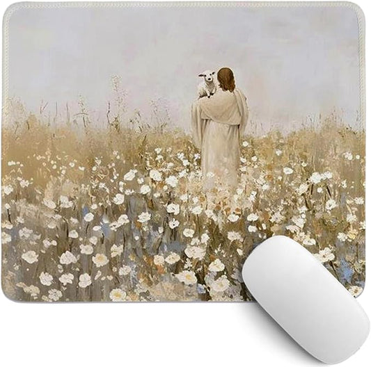 Jesus Mouse Pad,Christian Mouse Pad,Vintage Easter Decor Desk Mat,White Floral Desk Mat,Christian Desk Accessories for Dorm Home Office Decor,Jesus Find The Lost Lamb,10.2x8.3 Inch