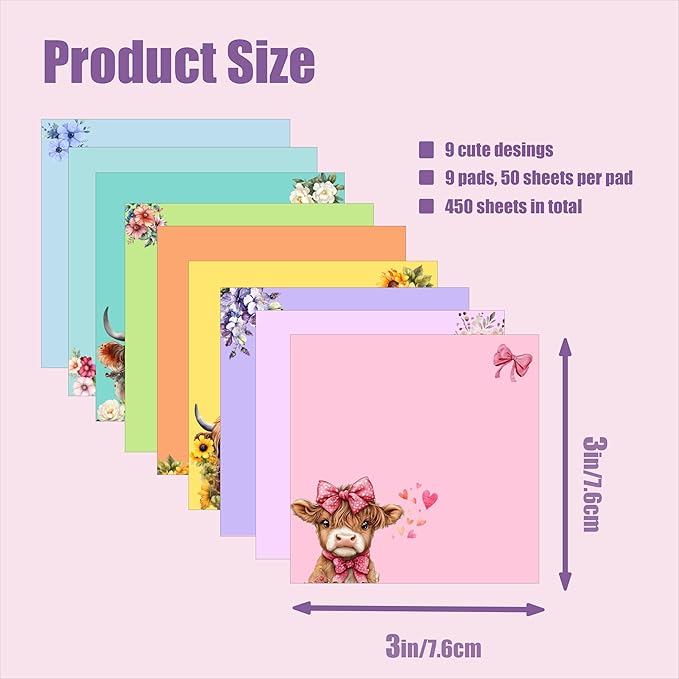 9 Pads Highland Cow Sticky Notes Set, Cute Self-Stick Notepads, Super Adhesive Memo Pads Note Card, Funny Office Decor Gifts, Desk Accessories for Students, Teacher and School Supplies, 3x3in