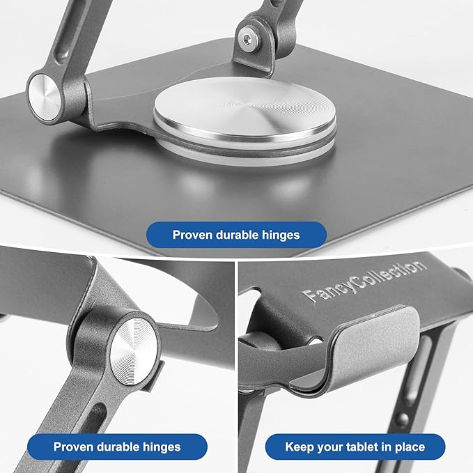 Adjustable Tablet Stand with 360° Rotating Base, Aluminum Dual-Rod Support, Compatible with iPad Pro/Air/Mini Silver Grey