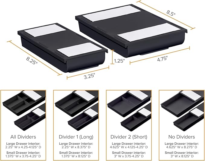 Bostitch Konnect Under Desk Drawer, Self-Adhesive Slide Out Storage Organizer with 4 Customizable Dividers, 2-Pack