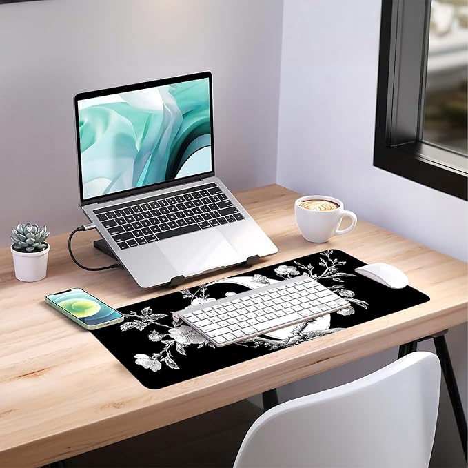 Yin Yang Cherry Blossom Gaming Mouse Pad 31.5"x11.8", Black and White Floral Large Desk Mat, Extended Keyboard Mousepad with Non-Slip Rubber Base, Stitched Edges Mouse Pads for Desk Home Office Gaming
