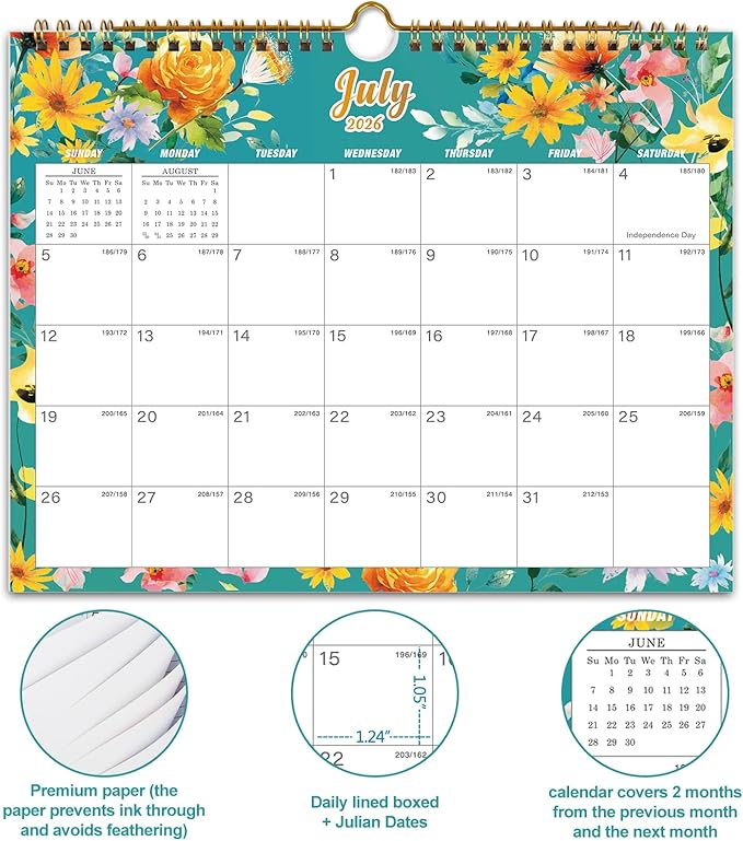 Calendar 2026-18 Monthly Wall Calendar, January 2026 - June 2027, 8.5" x 11", Calendar 2026-2027 with Twin-Wire Binding, Hanging Hook, Blocks and Julian Dates (Flowers Wall Calendar)