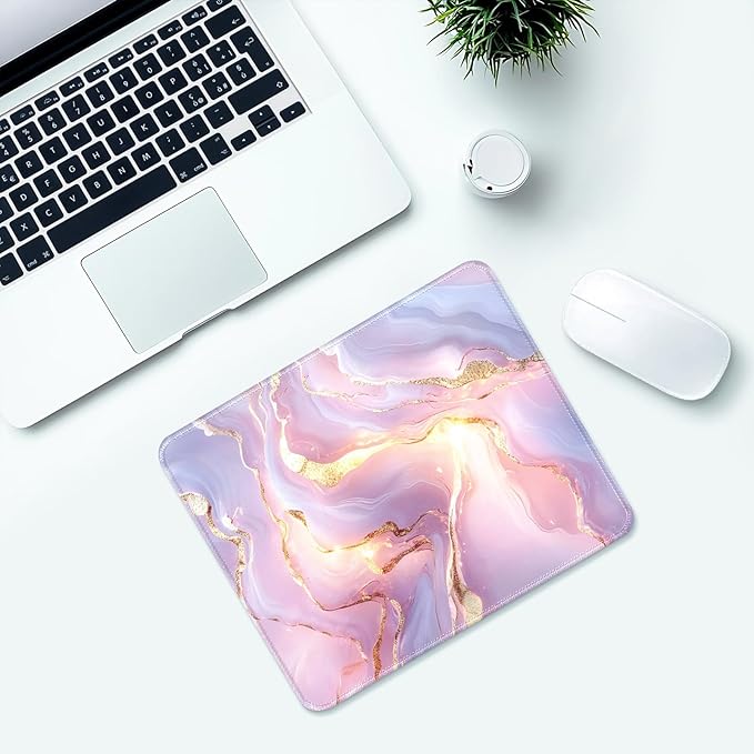 Pink Marble Desk Pad Mat with Stitched Edges and Non-Slip Rubber Base, Premium-Textured Mouse Pad for Laptop, Computer & PC, Gaming & Working, Waterproof Mousepad