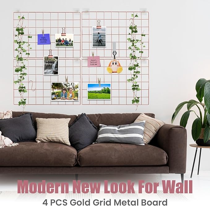 Metal Grid Wall Panel Rose Gold, Wire Grid Photo Display Organizer, 17.3"×11.8" Wire Board Grid Wall, Grid Picture Frame, 4-Pack Wire Mesh Memo Board with Clips and Hooks