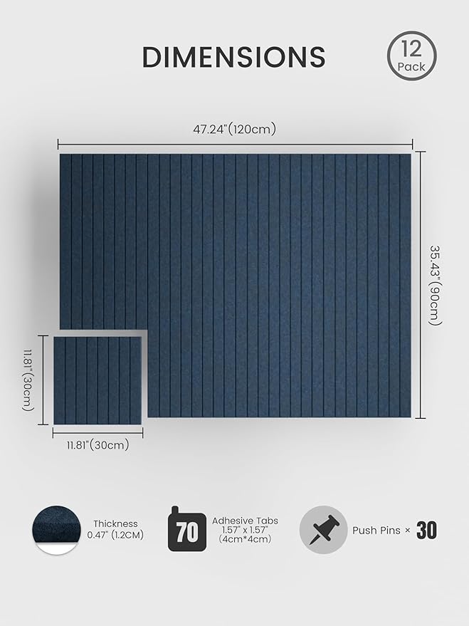 Bumusty Large Cork Board Alternative-48 x 36" Felt Bulletin Board Tiles, with 30 Pushpins, 70 Adhesive Tabs, 12-Pack Slat Wall Paneling, Cork Boards for Office Push Pin Board Felt Board-Navy Blue